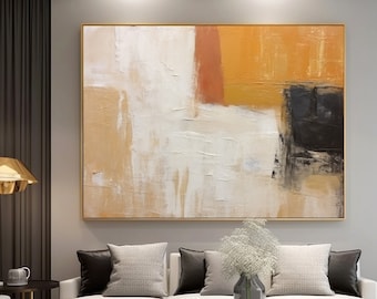 Arte astratta beige extra large di grandi dimensioni, regalo di decorazione da parete gialla contemporanea, opera d'arte natalizia semplice e moderna per la stanza, arte per lei e lui