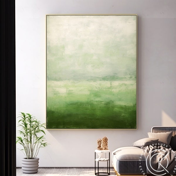 Oeuvre abstraite texturée vert sauge originale, peinture à l'huile moderne et acrylique Geen White, décoration murale verticale extra large pour intérieur moderne