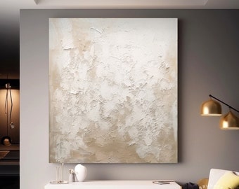 Pintura abstracta beige y blanca sobre lienzo, arte minimalista de la pared del lienzo blanco, decoración de la pared blanca texturizada grande, pintura Wabisabi para la decoración del hogar