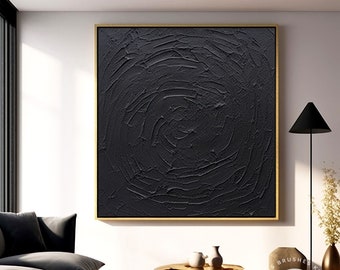 Peinture abstraite texturée noire extra large 3D, art mural minimaliste en toile noire, accent de salon moderne, décoration de bureau, cadeau en toile