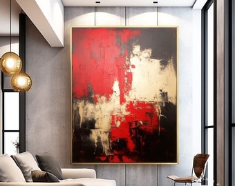 Original Hand-Painted Gold Foil Abstract Artwork On Canvas, Minimalist Red & Black Textured Canvas Wall Art, Unique Palette Knife Painting