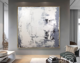 Extra Large Original Abstract Painting With Silver Foil, Hand-Painted Gray & White Textured Artwork, Unique Home Decor Piece, Custom Room