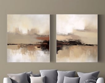 Beige & Brown Abstract Painting, Set Of 2, Minimalist Landscape Wall Art Decor, Modern Beige Canvas Painting For Living Room, Custom Gift