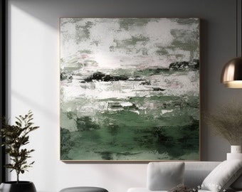 Pintura abstracta minimalista verde para dormitorio, arte de pared de lienzo verde y gris, arte moderno para decoración del hogar, arte de pared de lienzo texturizado verde