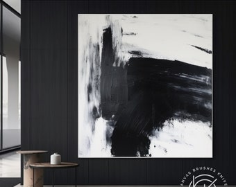 Grand Minimaliste Art Noir Blanc, Unique Noir Blanc Peinture Abstraite, Peinture Sur Toile Texturée Minimale, Déco Murale Noir Fumé, Cadeau Personnalisé