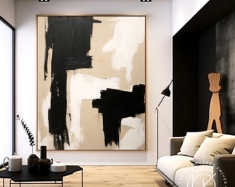 Fancy Minimalist Painting On Canvas, 3D Beige & Black Textured Abstract Artwork, Unique Hand-Painted Wall Art, Unique Home Decoration