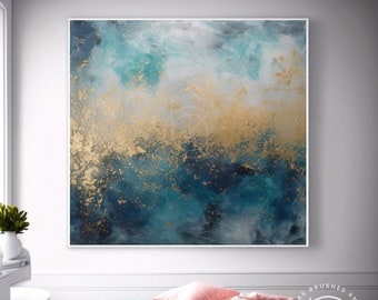 Blue & Gold Abstract Textured Painting on Canvas, Original Custom Gold Acrylic Painting, Modern Living Room Wall Art For Home Decor