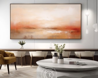 Cadeau déco mural surdimensionné en toile orange peinte à la main, tons pastel uniques pour la chambre, oeuvre d'art horizontale beige extra large, personnaliser oeuvre d'art