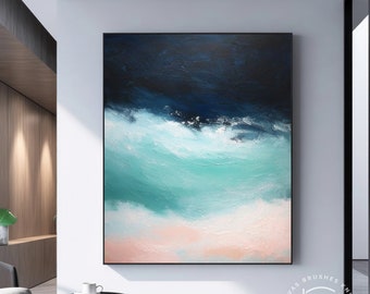 Large Blue Abstract Canvas Wall Art, Original Sea Wave Painting, Modern Landscape Art, Minimalist Blue Skyline Decor Gift, Fancy Living Room