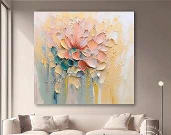 Original Textured Flower Painting For Dining Room, Modern Spring Floral Canvas Art, Large Colorful Flowers Decor, Fancy Floral Painting