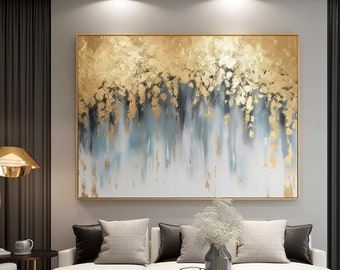 Großes Original abstraktes Blattgold-Acrylgemälde auf Leinwand, strukturierte moderne Kunst, Boho-Goldfolien-Wandkunst, impressionistische Landschaftskunst