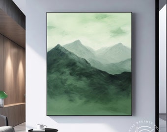 Pintura de montaña verde minimalista grande sobre lienzo, arte de lienzo con textura verde, arte de pico de montaña verde, decoración moderna escandinava