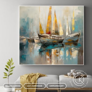 Original Sailboats Harbor Landscape Painting - Large Abstract Nautical Art on Canvas, Modern Sailboat Abstract Wall Art, Contemporary Art