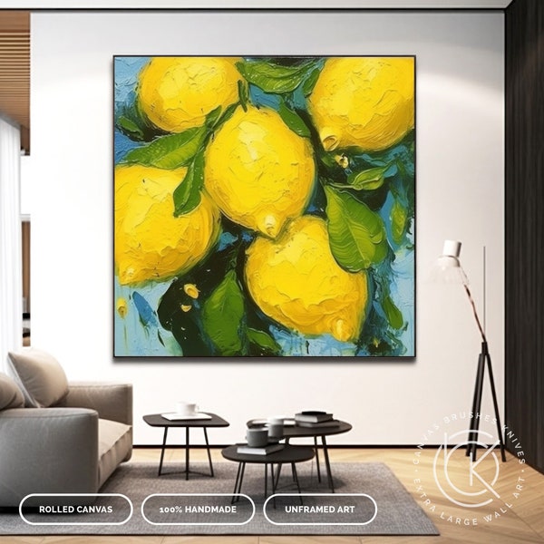 Amazing Original Lemon Painting On Canvas, Yellow & Green Fruit Abstract Artwork, Citron Kitchen Wall Decor, Rustic Lemon Wall Art