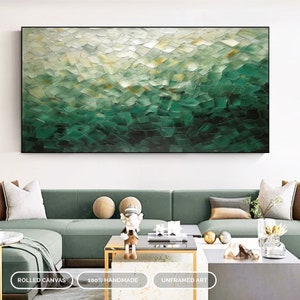 Arte de pared de lienzo verde original extra grande, pintura verde moderna para sala de estar, decoración única de la habitación Boho, decoración de pared verde elegante