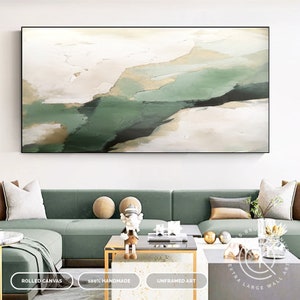 Modern Green Waves Canvas Wall Art, Contemporary Minimal Artwork On Canvas, Luxury Living Room Art, Master Bedroom Wall Deco, Custom Artwork image 1