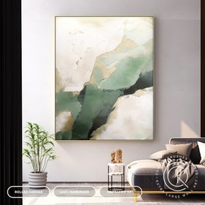 Modern Green Waves Canvas Wall Art, Contemporary Minimal Artwork On Canvas, Luxury Living Room Art, Master Bedroom Wall Deco, Custom Artwork image 2