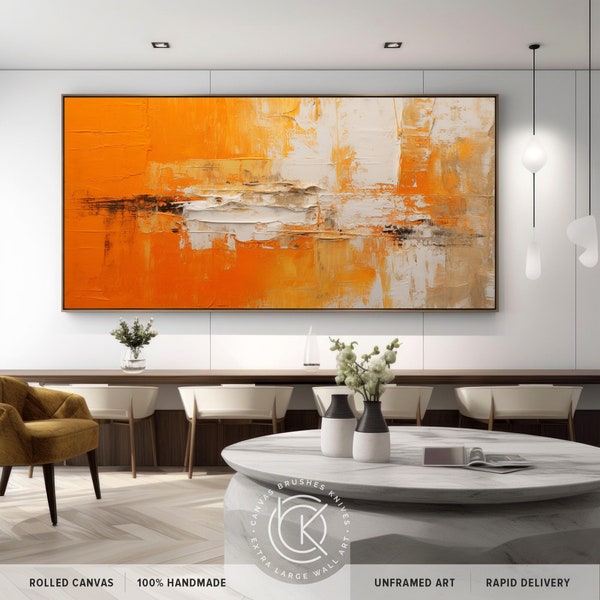 Original Hand-Painted Orange Color Artwork On Canvas, Modern Horizontal Yellow Painting On Canvas, Unique Housewarming Wall Decor