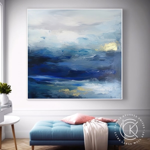 Contemporary Blue Sea Abstract Painting On Canvas, Large Sky & Sea Landscape Art, Modern Blue Canvas Painting For Interior, Customizable Art