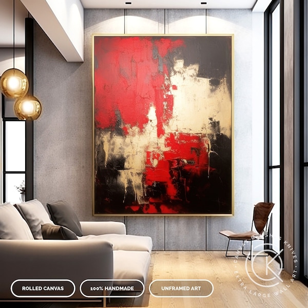 Original handbemalte Goldfolie abstrakte Kunstwerk auf Leinwand, minimalistische rote & schwarze strukturierte Leinwand Wandkunst, einzigartige Spachtel Malerei