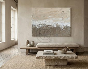 Original Beige 3D Textured Painting On Canvas, Oversized Wabi-Sabi Canvas Wall Art, Neutral Wall Decor For Modern Living Space