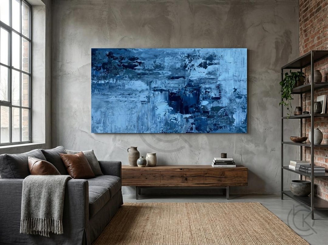 Prussian Blue and White Textured Impasto Abstract Landscape ...
