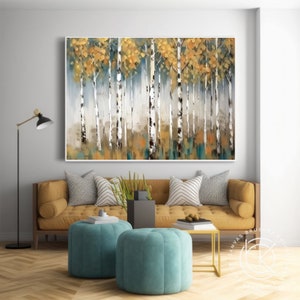 Pintura acrílica de bosque de abedul Original para comedor, arte de paisaje de otoño grande, decoración de pared de lienzo grande para sala de estar contemporánea imagen 6