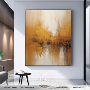 Extra Large Golden Bronze Abstract Wall Art, Oversized Luxury Mustard Brown Decor Gift, Original Handmade Acrylic Canvas Art For Home Decor image 2