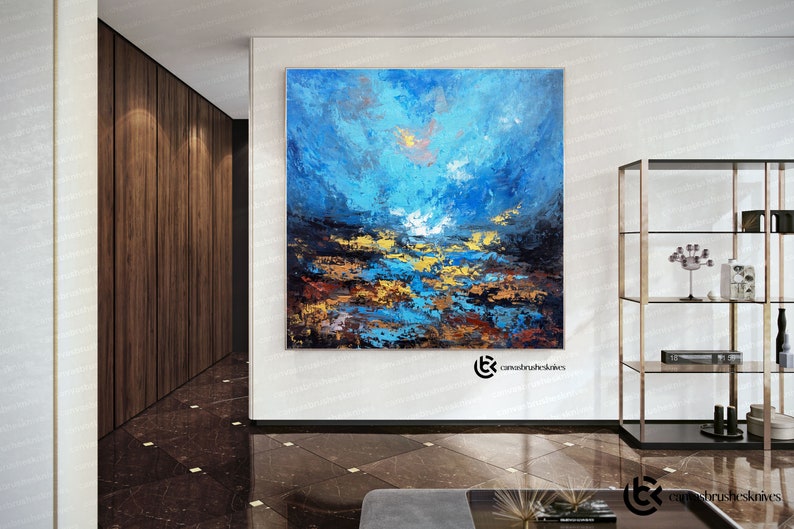 Blue Canvas Wall Art Handmade Abstract Painting Apartment Etsy UK