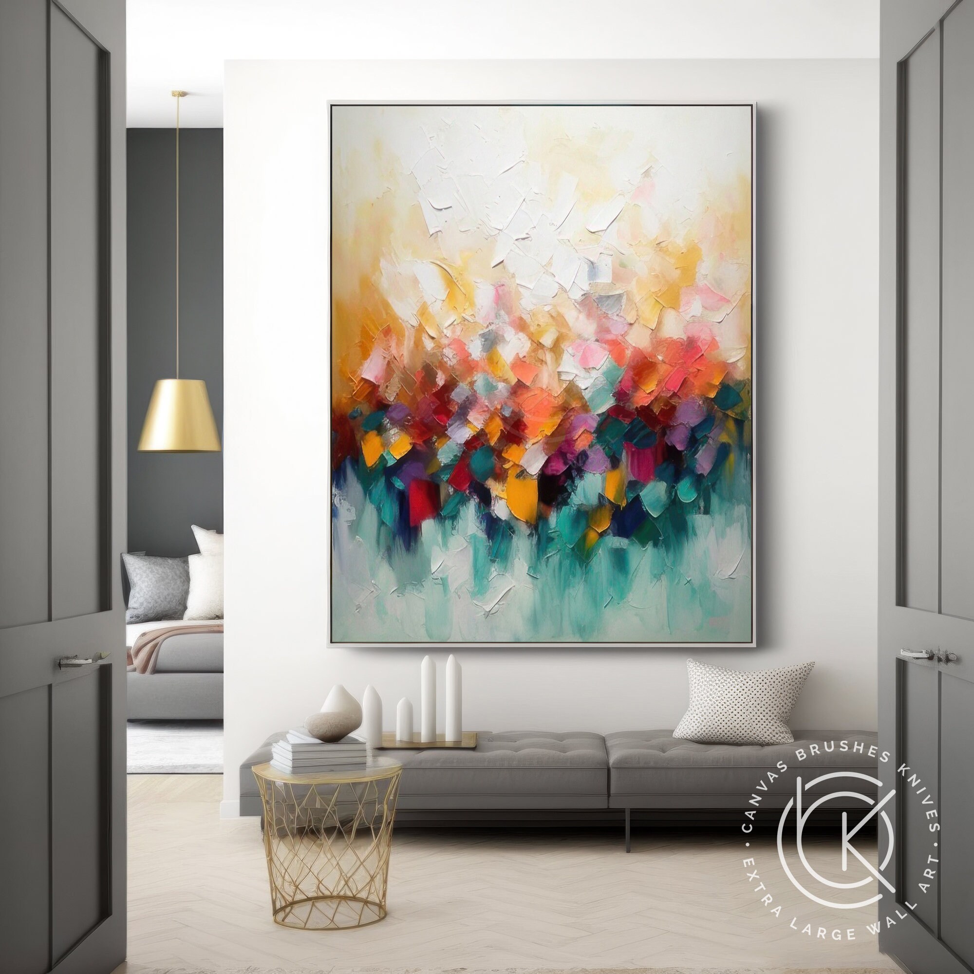 カラフルな抽象的な油絵大きな現代的な壁アートリビングルーム用の質感  