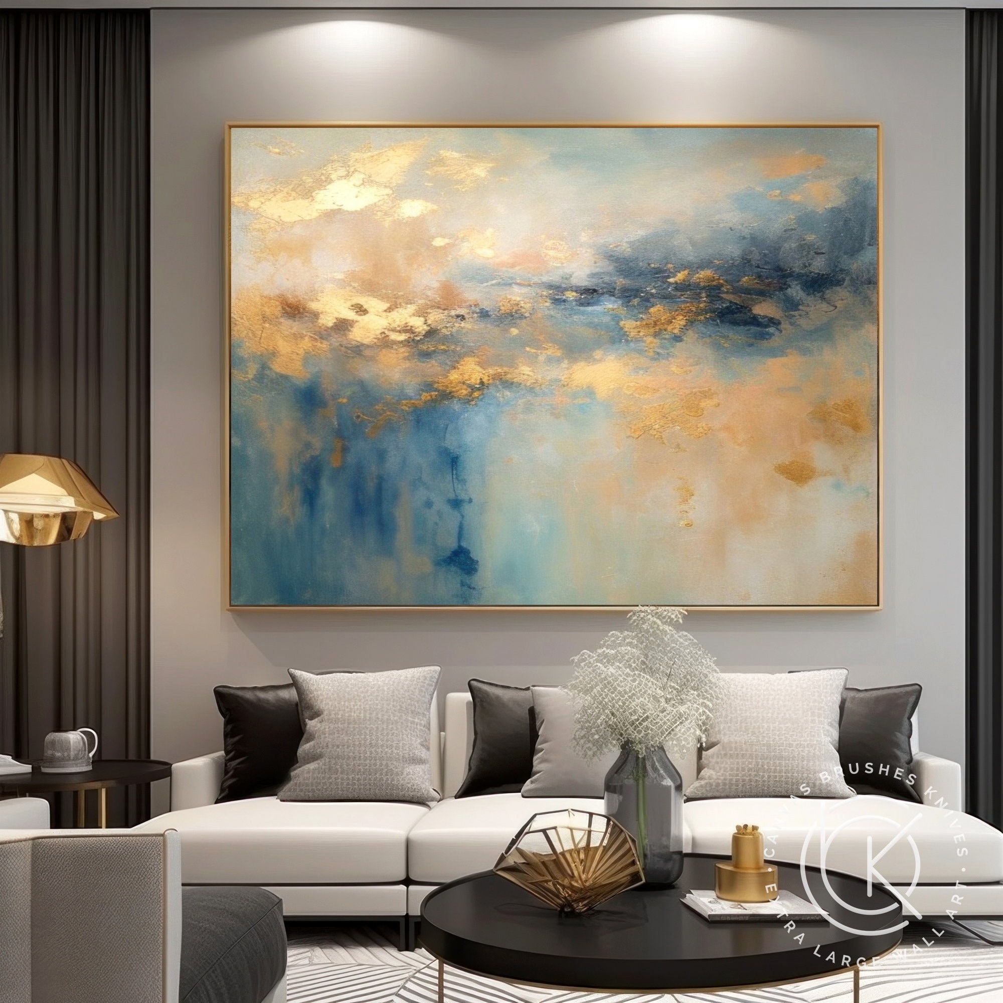 Blue Gold Hand painted Abstract Art Blue and Gold Leaf Painting on Canvas Modern Blue Wall Decor for Living Room Gold Canvas Art Etsy