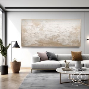 Beige & White Abstract Painting on Canvas, Minimalist White Canvas Wall ...