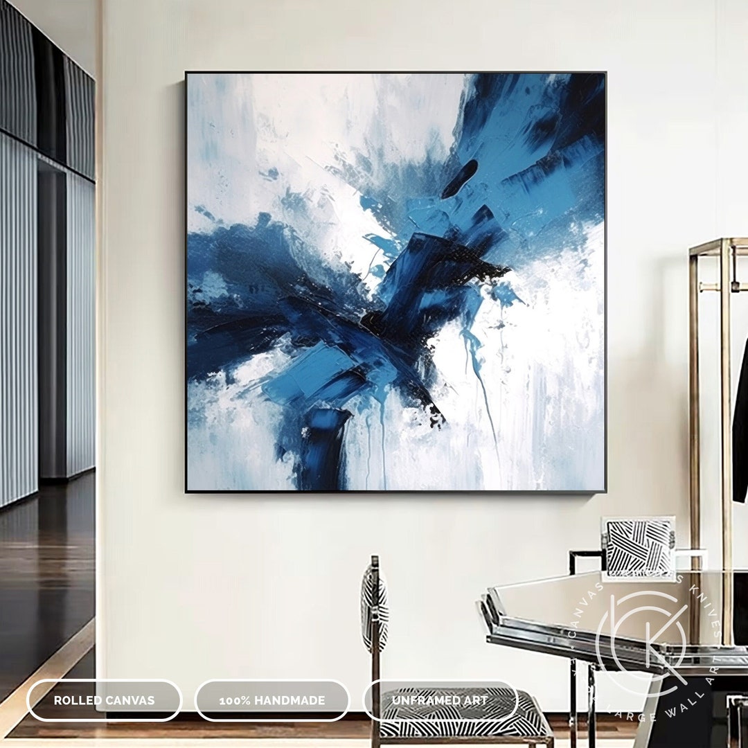 Modern Minimal Blue & White Wall Decor, Original Hand-painted Bedroom ... - Blue And White Minimalist Decor