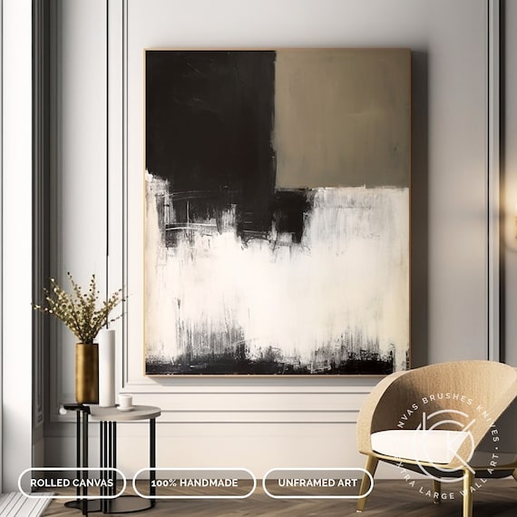 Extra Large White & Black Canvas Art Minimalist Beige and Brown Abstract  Painting Handmade Oil on Canvas Nordic Style Wall Art Decor 