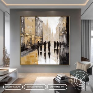 Large Cityscape Painting With Gold Leaf, Gold Black & White People Wall Art, Square Painting For Living Room, City Landscape Art With People