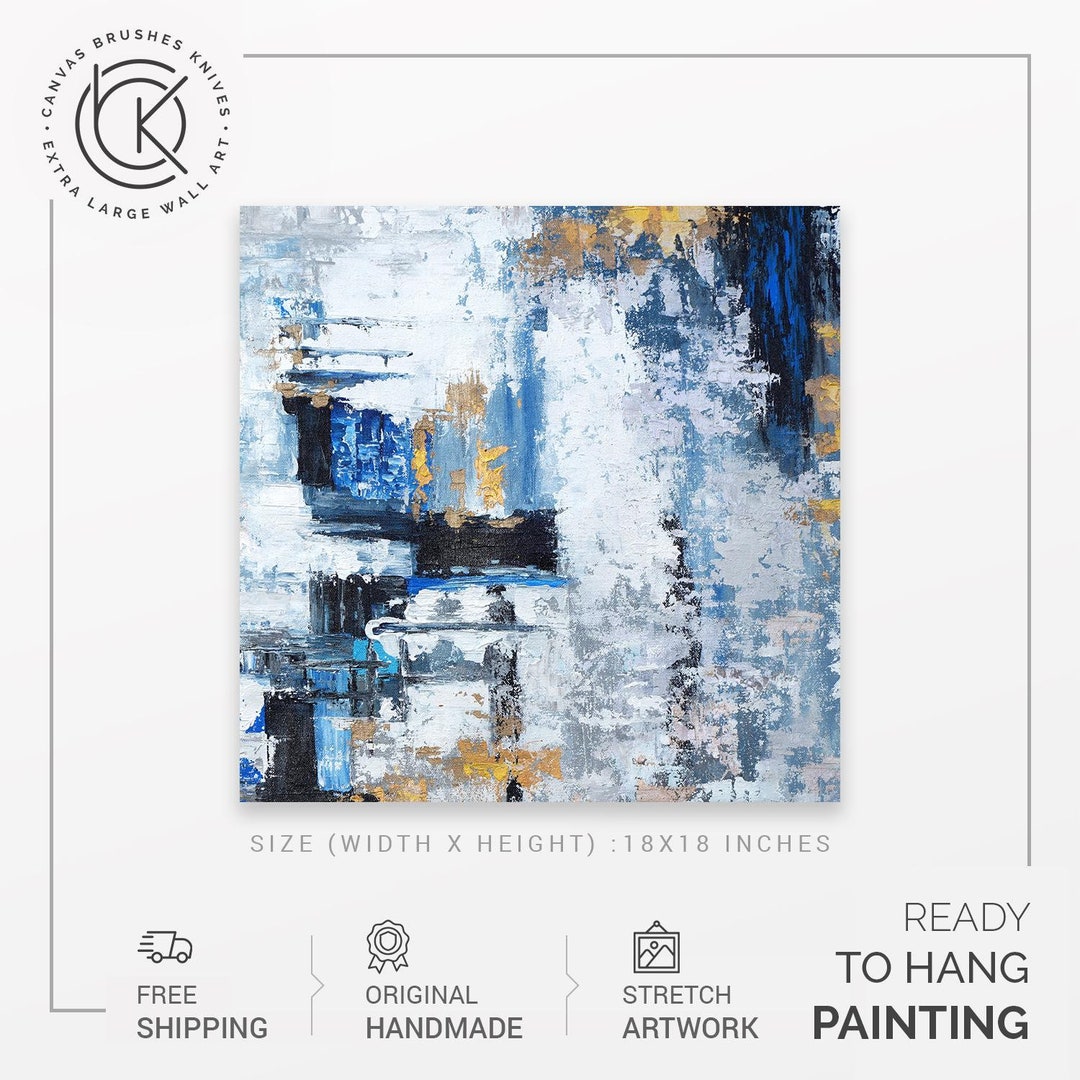 Blue and Gold Abstract Art, Modern Textured Square Canvas Painting ...