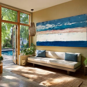 Blue Ocean Horizon Artwork, Modern Abstract Canvas, Calming Sea Picture, Layered Oil Painting, Large Wall Art for Home