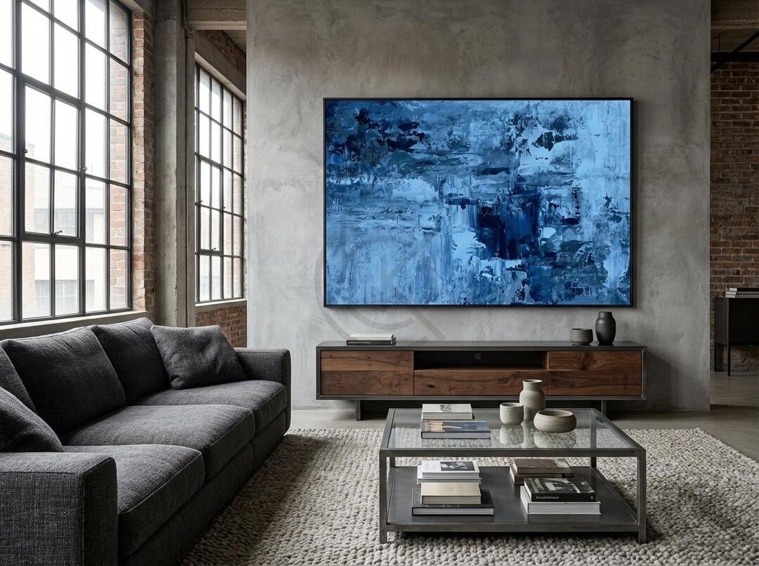 Prussian Blue and White Textured Impasto Abstract Landscape ...