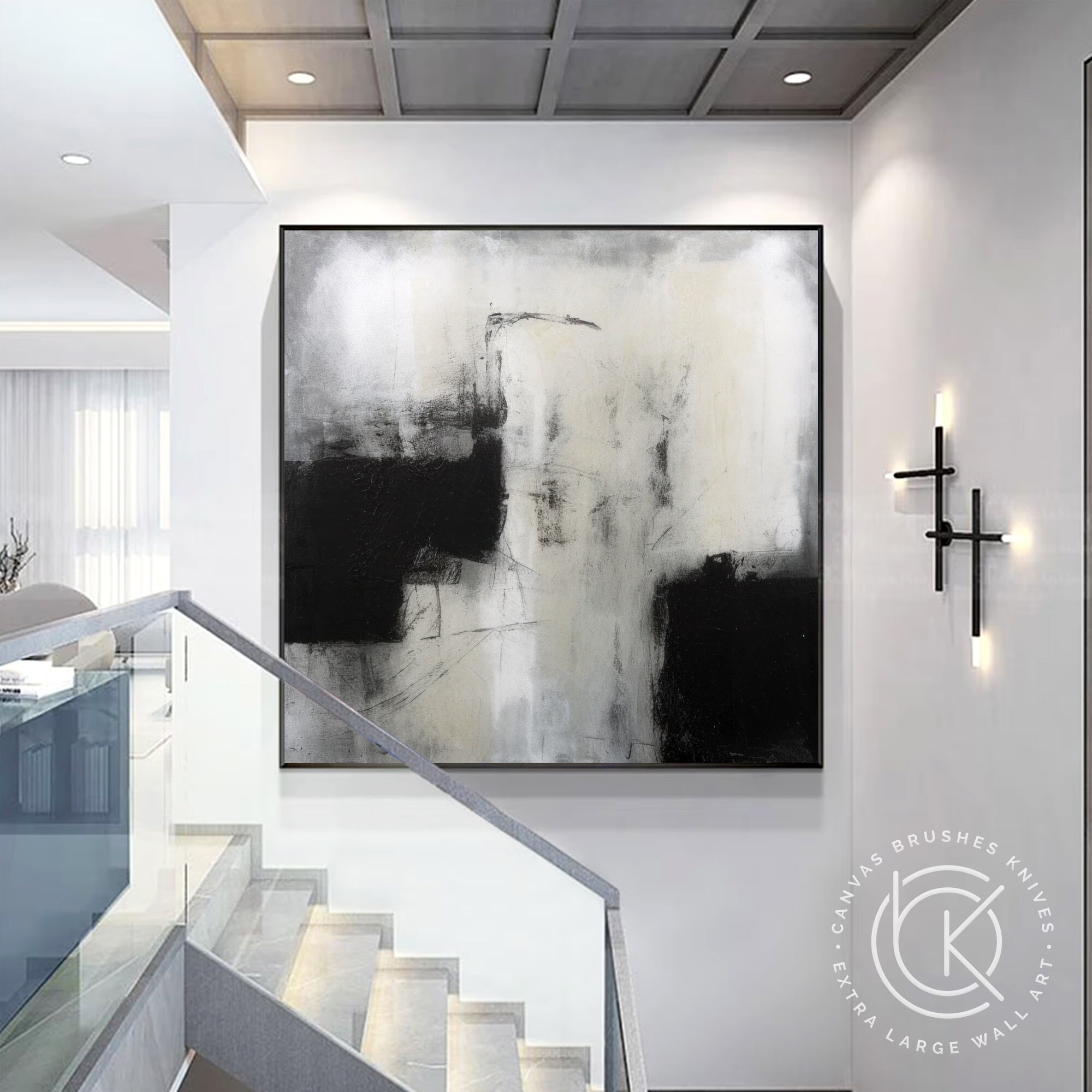Gray Abstract Painting Black and White Canvas Art Oversized Black Framed Modern Large Artwork Wall Art Living Room Decor 37x78inch/95x198cm with