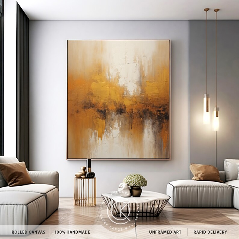 Extra Large Golden Bronze Abstract Wall Art, Oversized Luxury Mustard Brown Decor Gift, Original Handmade Acrylic Canvas Art For Home Decor image 6