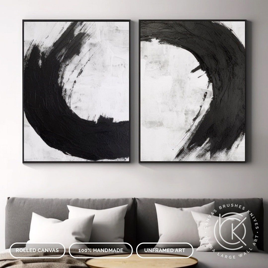 Black and White Acrylic Paintings, Set of 2, Modern Textured Wall Art ...