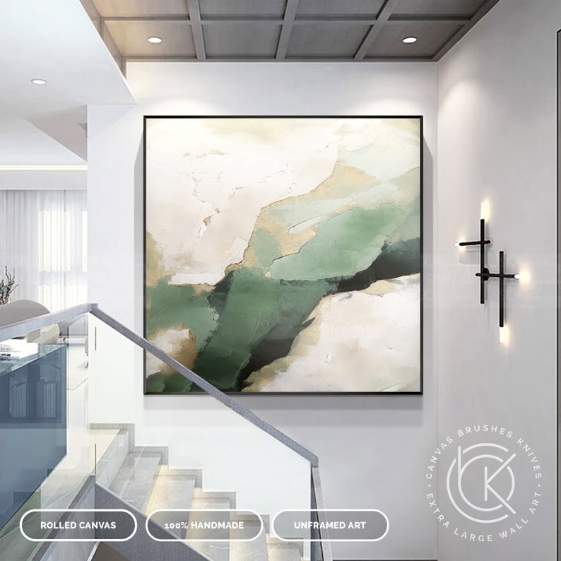 Modern Green Waves Canvas Wall Art, Contemporary Minimal Artwork On Canvas, Luxury Living Room Art, Master Bedroom Wall Deco, Custom Artwork image 3