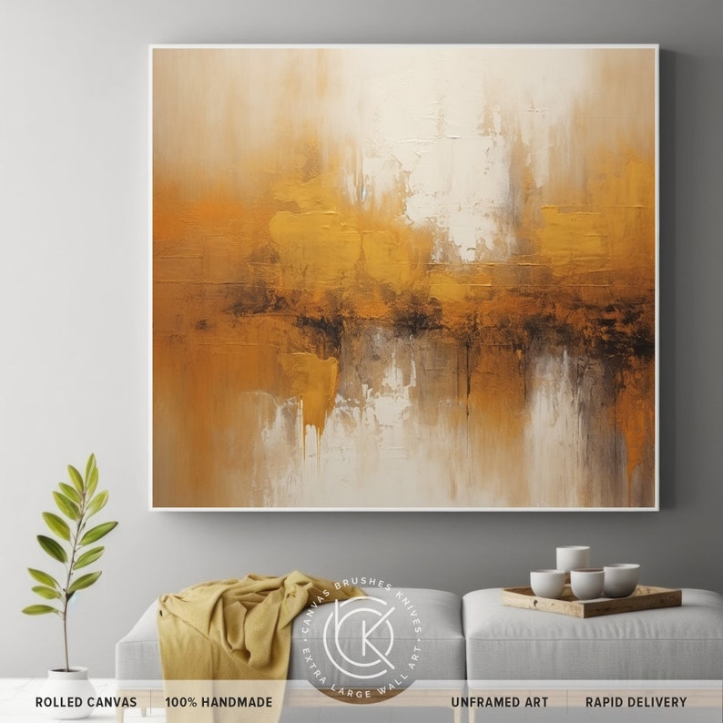 Extra Large Golden Bronze Abstract Wall Art, Oversized Luxury Mustard Brown Decor Gift, Original Handmade Acrylic Canvas Art For Home Decor image 9