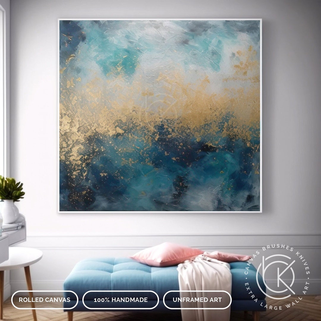 Blue & Gold Abstract Textured Painting on Canvas, Original Custom Gold