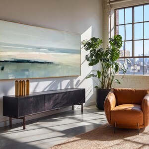 Large Abstract Wall Art, Framed Seascape, Blue Beige Coastal Landscape, Impressionist Oil Painting, Statement Piece for Home