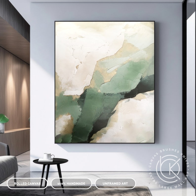 Modern Green Waves Canvas Wall Art, Contemporary Minimal Artwork On Canvas, Luxury Living Room Art, Master Bedroom Wall Deco, Custom Artwork image 7