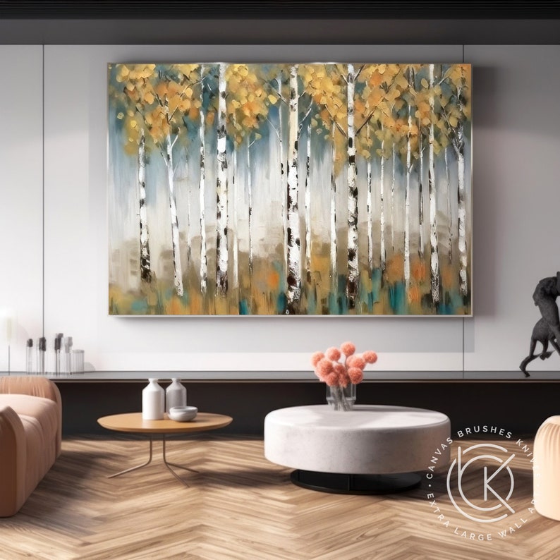 Pintura acrílica de bosque de abedul Original para comedor, arte de paisaje de otoño grande, decoración de pared de lienzo grande para sala de estar contemporánea imagen 8