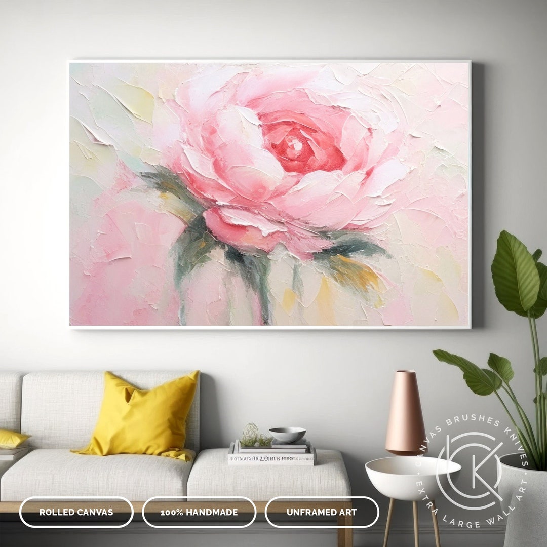 Beautiful Pink Floral Abstract Painting on Canvas, White Flower