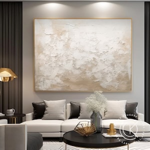 Beige & White Abstract Painting on Canvas, Minimalist White Canvas Wall ...