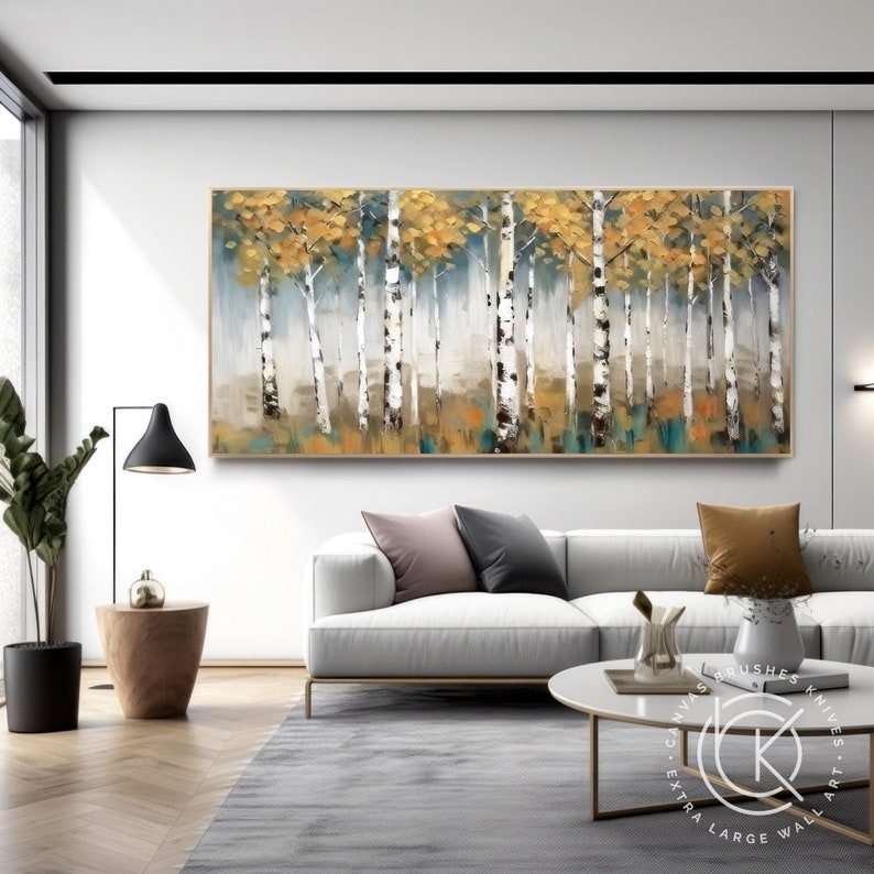 Pintura acrílica de bosque de abedul Original para comedor, arte de paisaje de otoño grande, decoración de pared de lienzo grande para sala de estar contemporánea imagen 2